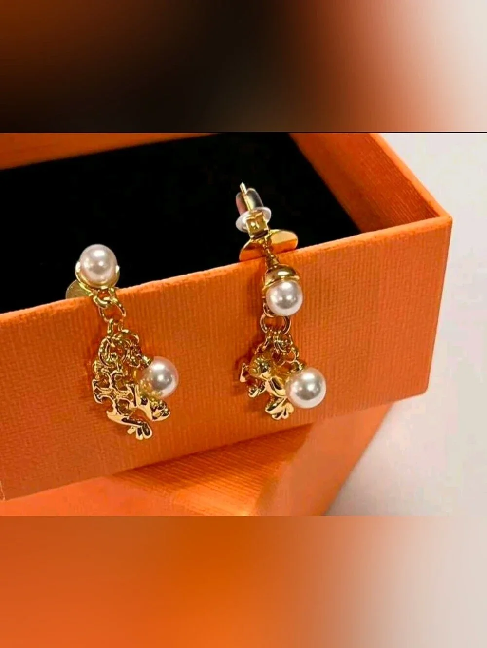 Tory Burch Style Gold-Plated Pearl Frog Charm Drop Earrings - Used